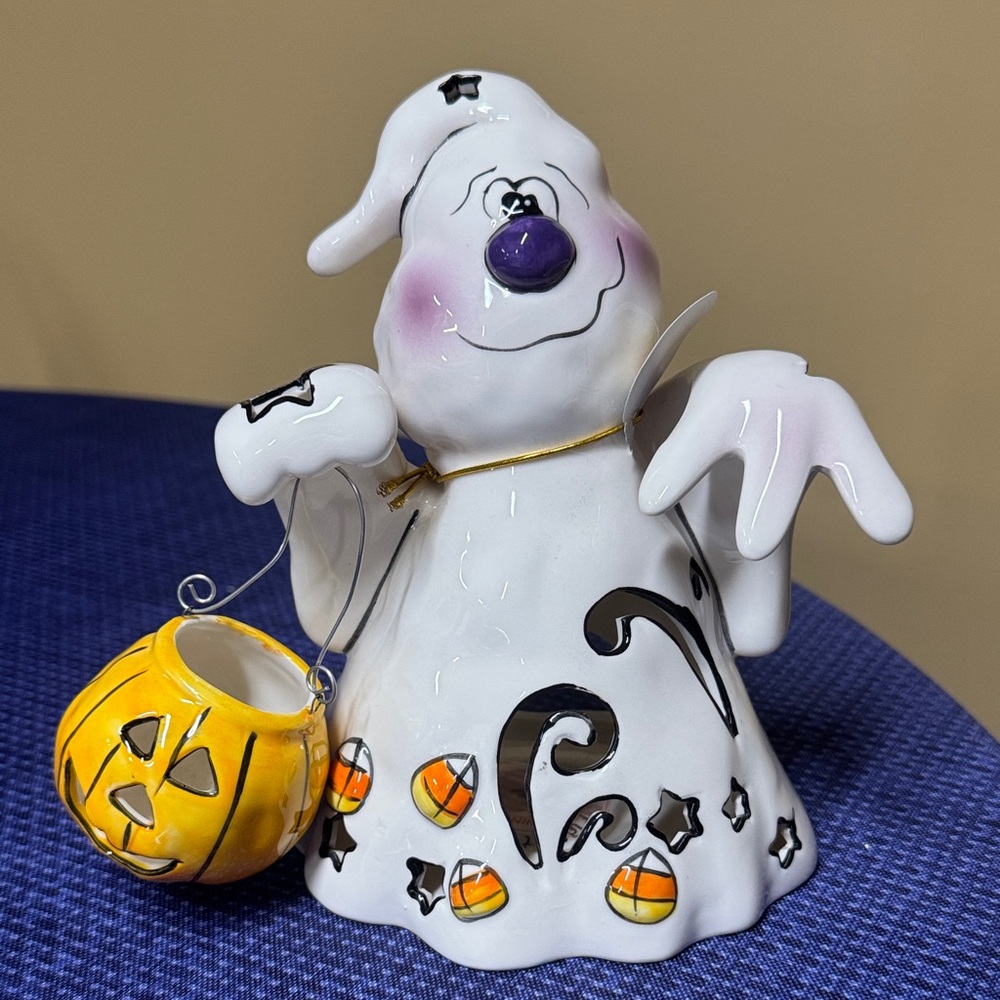Blue Sky Clayworks Halloween Ghost Holding Pumpkin Candle Holder HeatherGoldminc